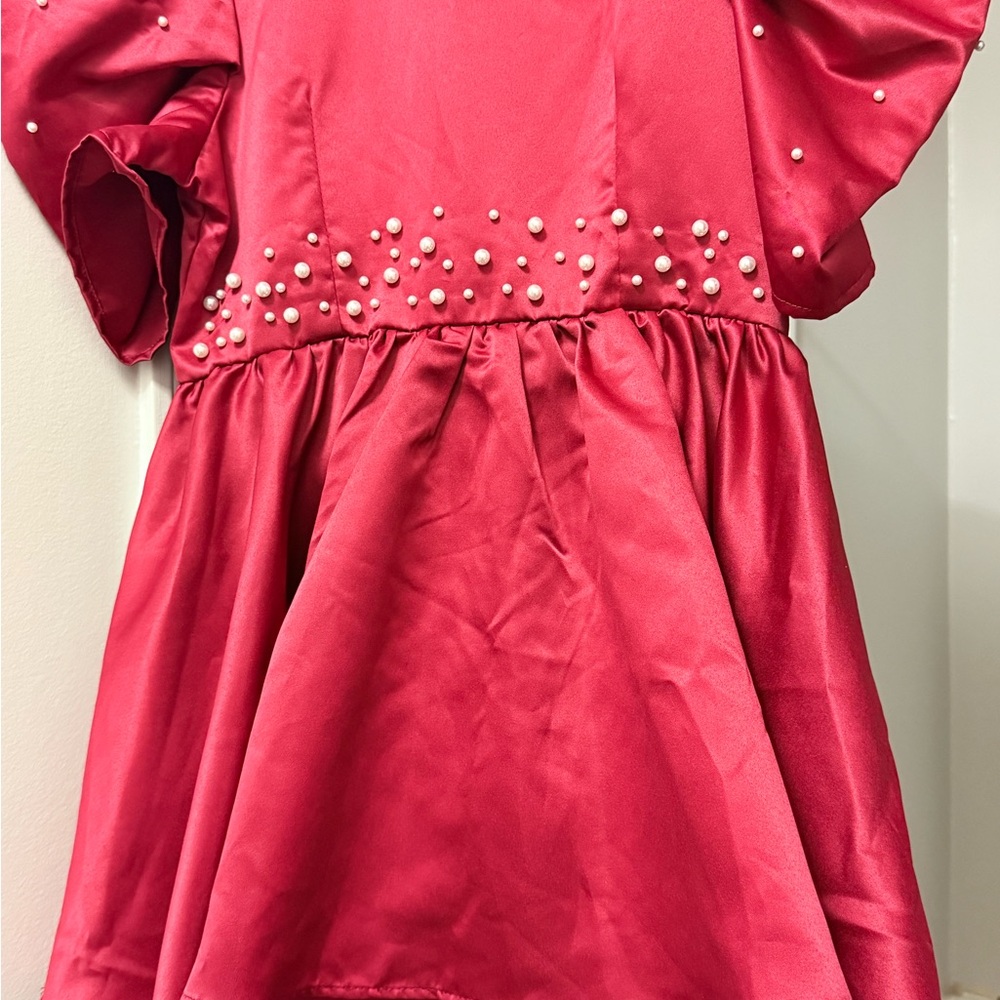 Elegant burgundy Red Dress with Pearl Accents